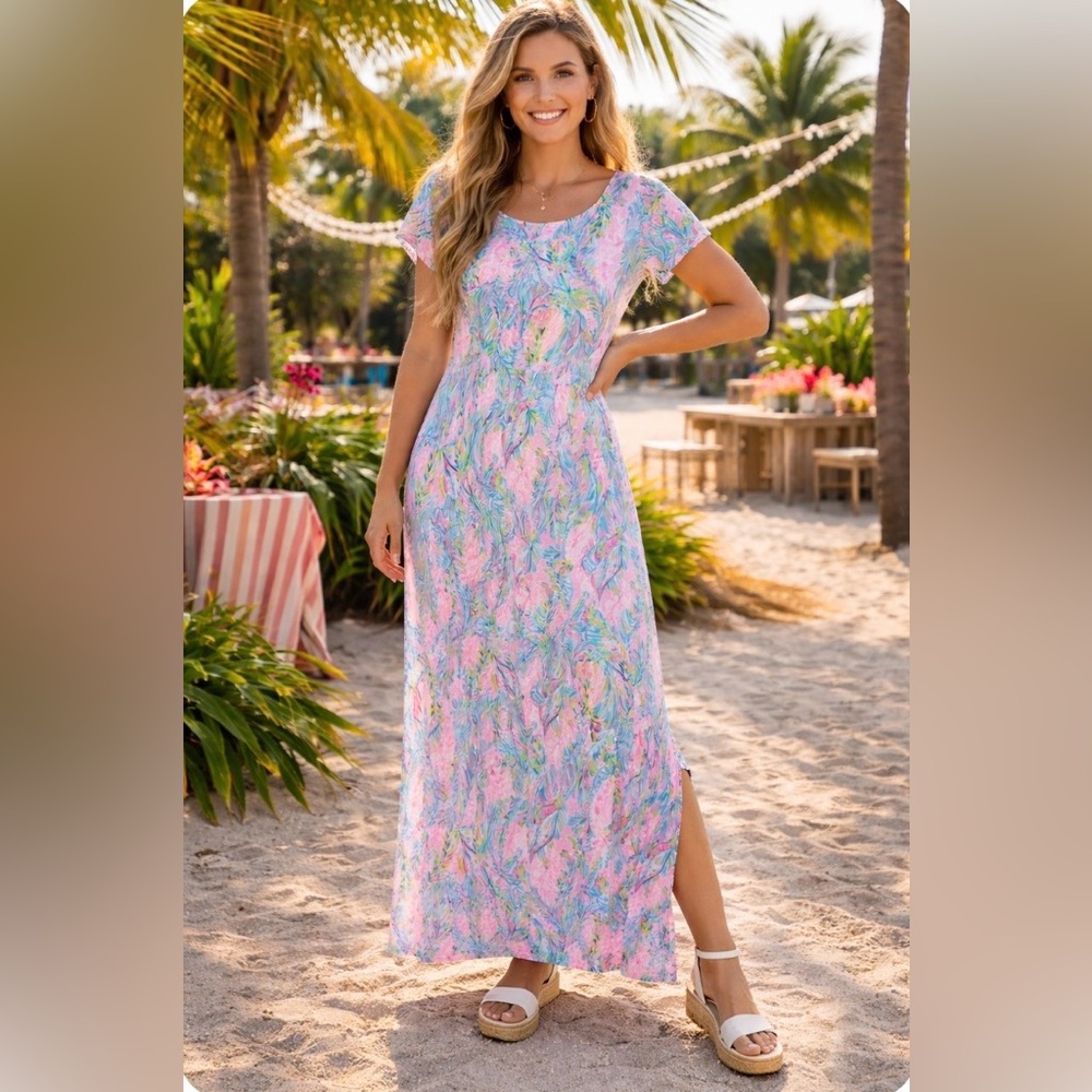 Lilly Pulitzer Pastel Pink & Blue Tropical Print Maxi Dress Sz large - Picture 5 of 11